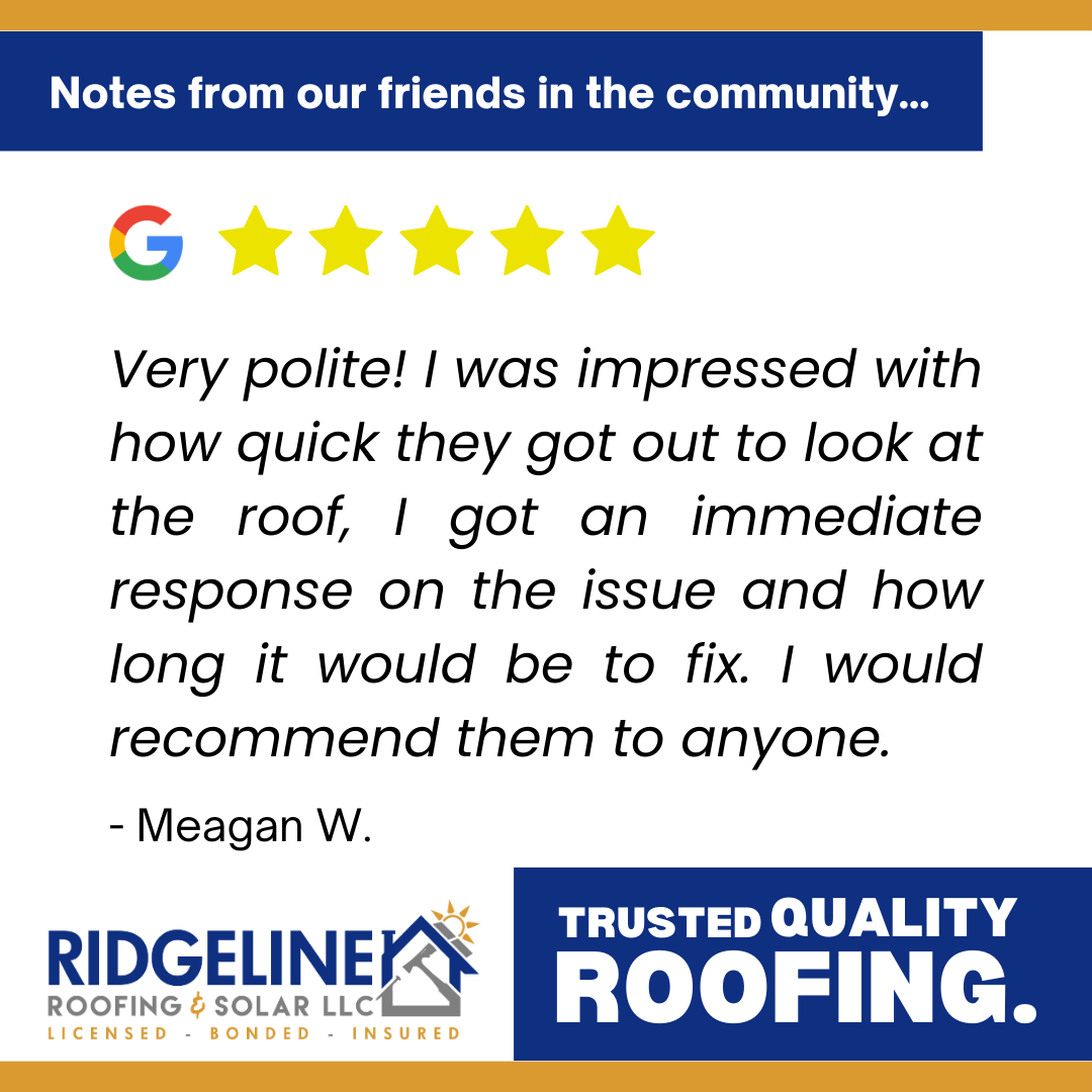 Meagen W. <!-- wp:paragraph -->
<p><em>Very polite! I was impressed with how quick they got out to look at the roof, I got an immediate response on the issue and how long it would be to fix. I would recommend them to anyone.</em></p>
<!-- /wp:paragraph -->