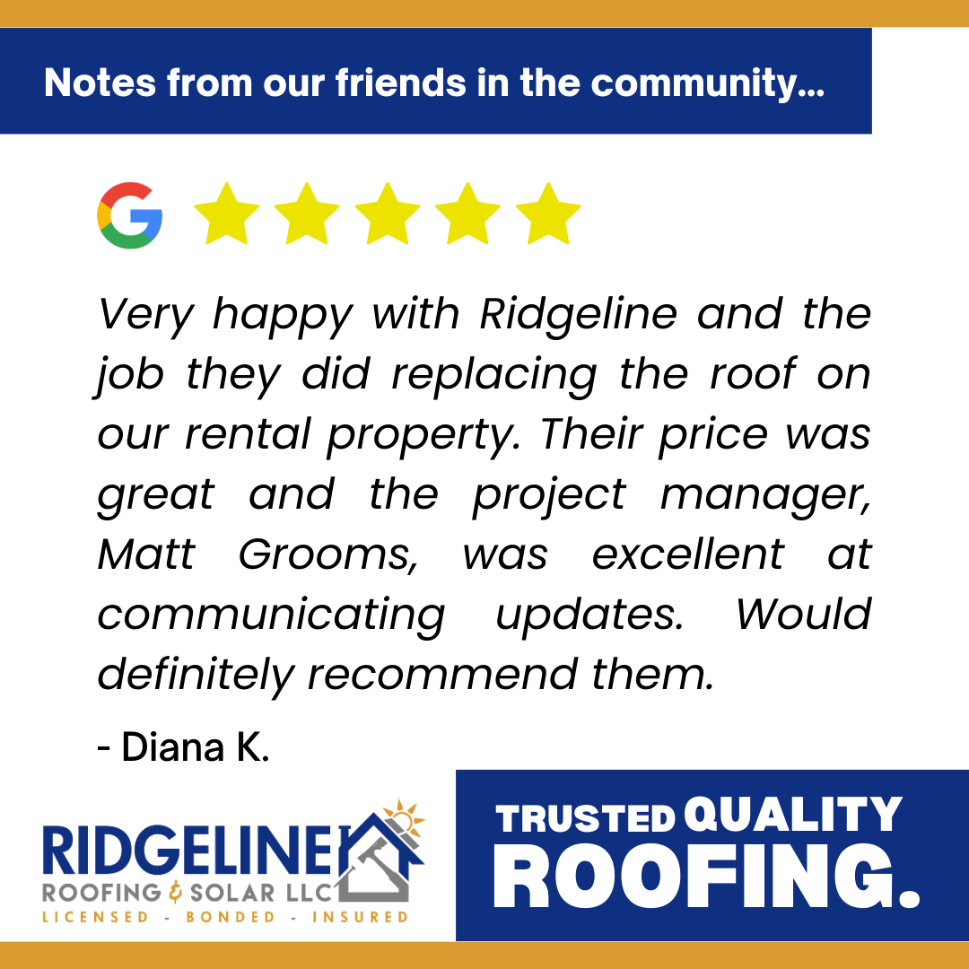 <!-- wp:paragraph -->
<p>Very happy with Ridgeline and the job they did replacing the roof on our rental property. Their price was great and the project manager, Matt Grooms, was excellent at communicating updates. Would definitely recommend them.</p>
<!-- /wp:paragraph -->