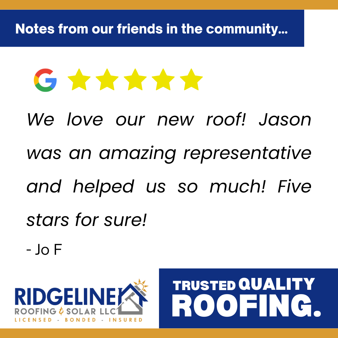 Jo F. <!-- wp:paragraph -->
<p>We love our new roof! Jason was an amazing representative and helped us so much! Five stars for sure!</p>
<!-- /wp:paragraph -->