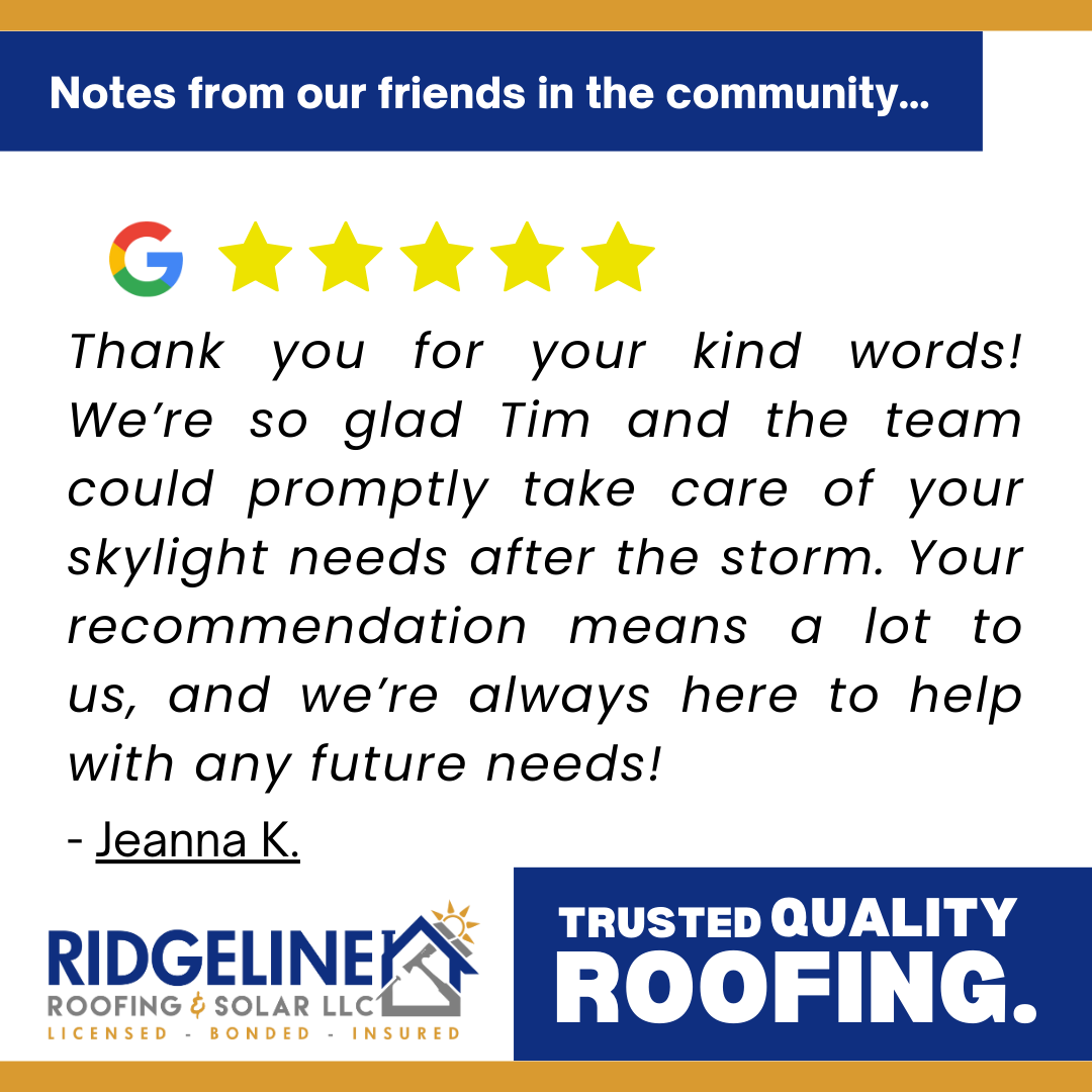 <!-- wp:paragraph -->
<p>Thank you for your kind words! We’re so glad Tim and the team could promptly take care of your skylight needs after the storm. Your recommendation means a lot to us, and we’re always here to help with any future needs!</p>
<!-- /wp:paragraph -->