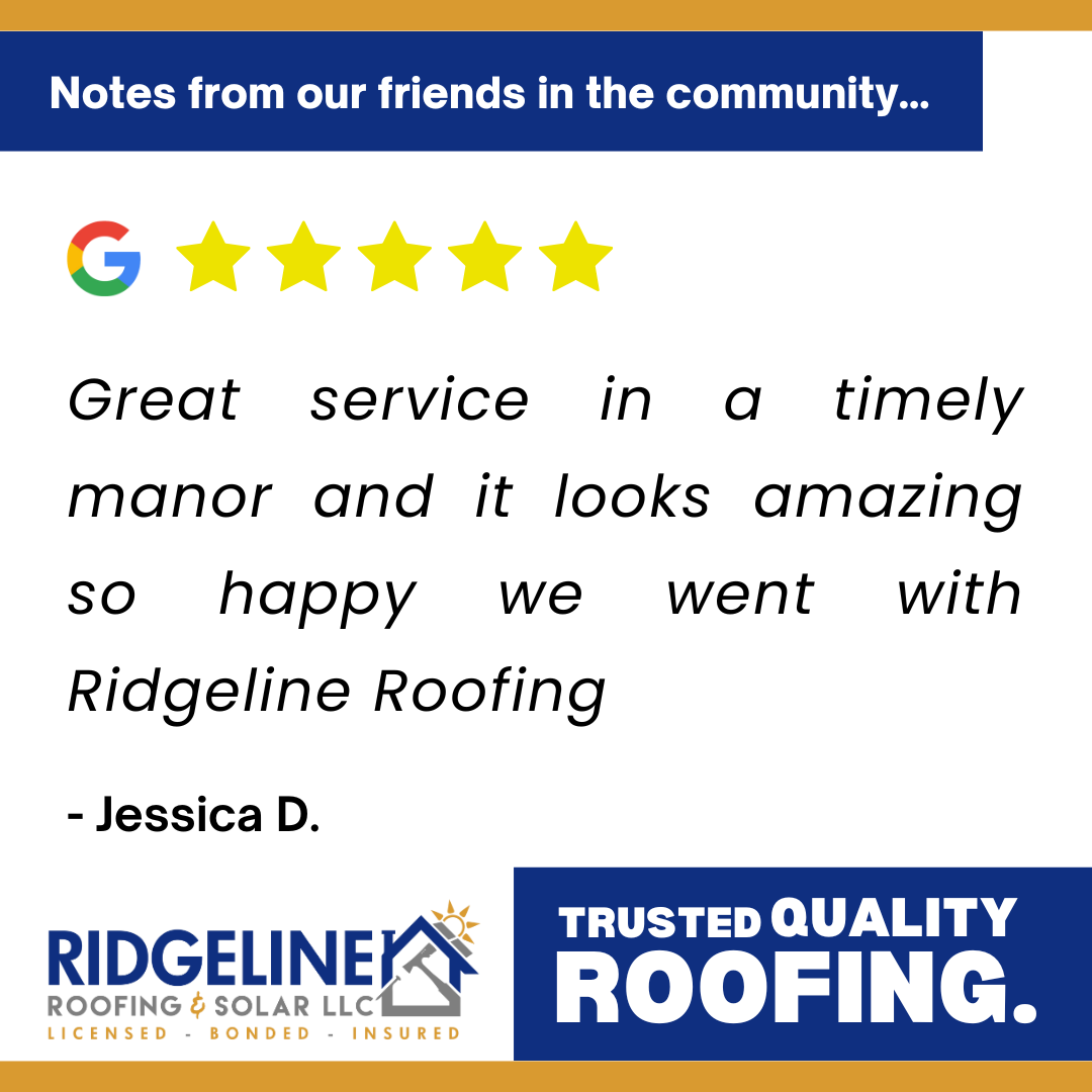 <!-- wp:paragraph -->
<p>Great service in a timely manor and it looks amazing so happy we went with Ridgeline Roofing.</p>
<!-- /wp:paragraph -->