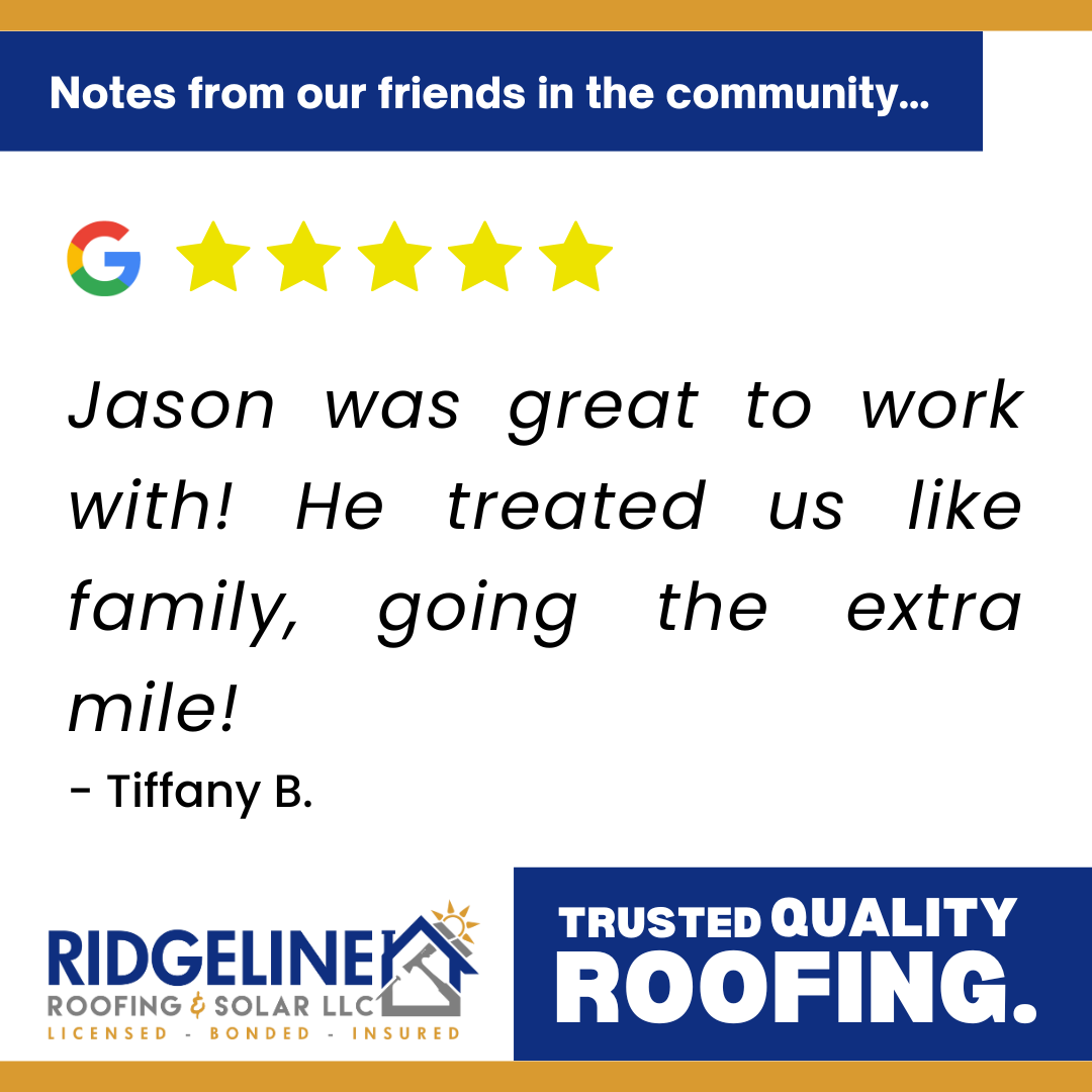 <!-- wp:paragraph -->
<p>Jason was great to work with! He treated us like family, going the extra mile! I would recommend Ridgeline/Jason to anyone needing roofing advice! He made it easy for us!</p>
<!-- /wp:paragraph -->