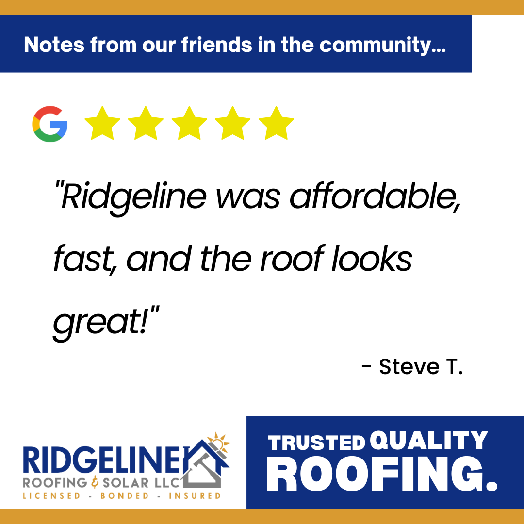 Steve T. <!-- wp:paragraph -->
<p>Ridgeline was affordable, fast, and the roof looks great! I would recommend them for any of your roofing needs.</p>
<!-- /wp:paragraph -->