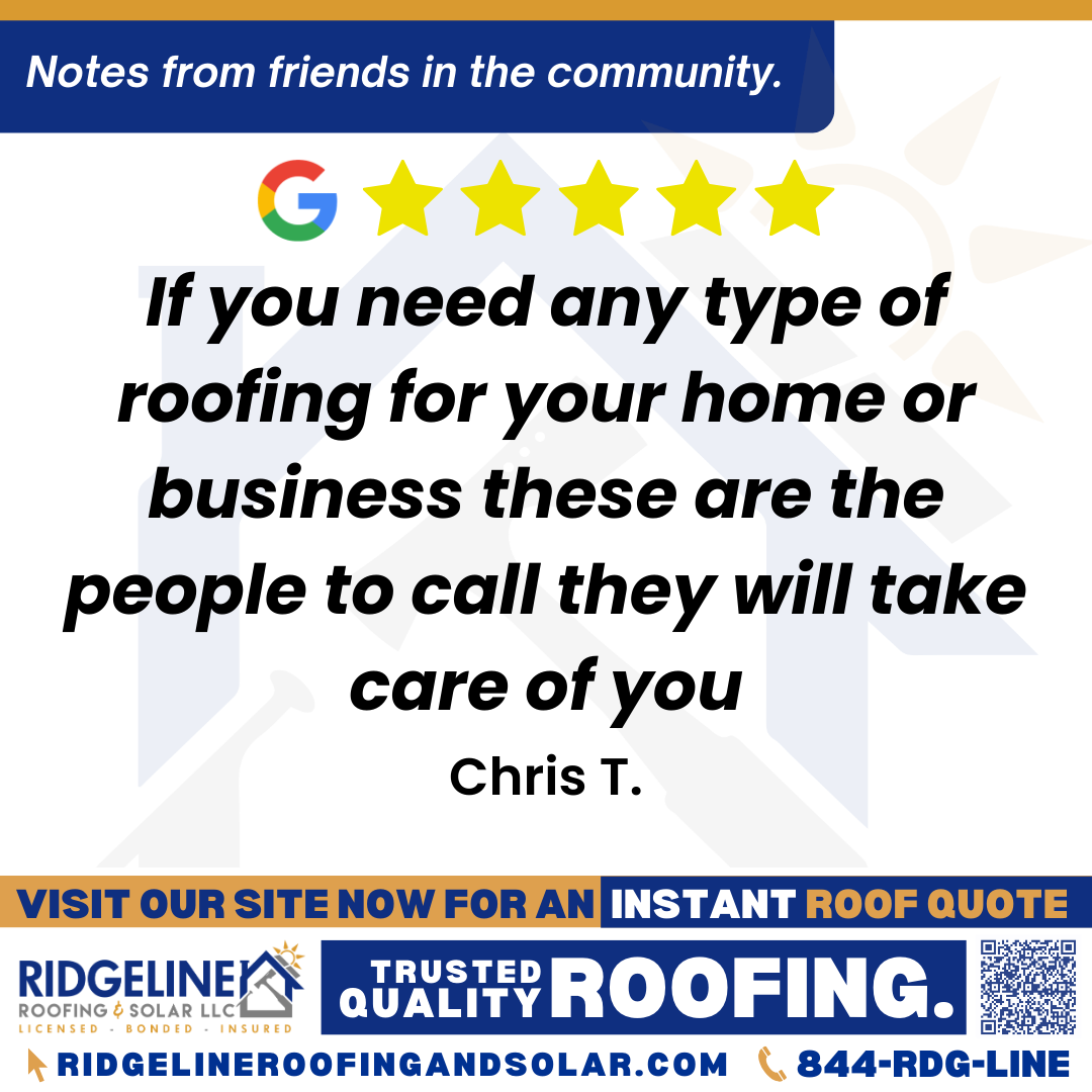If you need any type of roofing for your home or business these are the people to call they will take care of you. – Chris T. <h3>Customer Review</h3>
<em>Ridgeline has helped with the commercial roof since I have owned my building. Most recently my roof suffered extensive damage and they responded very quickly to temporary my roof back to prevent further damage while dealing with insurance. They went above and beyond in helping through the insurance process and once I had my claim settled my roofs was done a few days later. If you need any type of roofing for your home or business these are the people to call they will take care of you.</em>
- Chris T.
<h3>From Team Ridgeline:</h3>
<em>Thank you so much for the 5-star review, Chris! We are proud to provide expert commercial roofing services and are glad we could respond quickly to secure your building after the storm damage. Helping our clients navigate the insurance process and delivering a fast, quality roof installation is what we strive for at Ridgeline Roofing. We appreciate your recommendation for both residential and commercial roofing needs!</em>