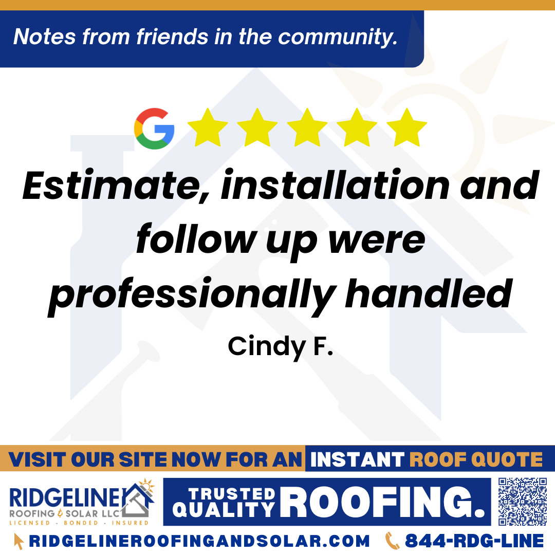 <h3>Customer Review</h3>
<em>Ridgeline offered high end residential roofing products (Euro Shield) that were not available through other roofing companies.  Estimate, installation and follow up were professionally handled.  LOVE my roof!</em>

- Cindy F.

&nbsp;
<h3>From Team Ridgeline:</h3>
<em>Thank you for your fantastic review! We're thrilled that you love your new roof and are pleased with the Euro Shield products and our professional handling of your project from estimate to follow-up. We appreciate your feedback and are glad we could provide you with a unique solution that met your needs!</em>