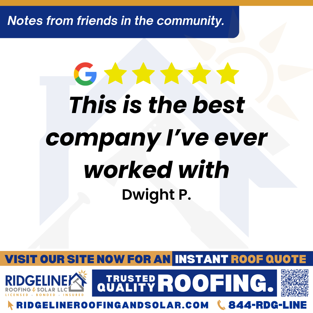 This is the best company I’ve ever worked with. – Dwight P. <h3>Customer Review</h3>
<em>This is the best company I’ve ever worked with. Everything they promised they fulfilled. I had hail damage on my rental, they not only got the roof replaced but also the guttering. After that I had them replace all the windows, excellent job on all. I know They also have replaced large commercial flat roofs and the people in charge were extremely happy with their work. Integrity is not a word often associated with a business, but with Ridgeline It’s the first word I’d use in describing the owner and their work.</em>
- Dwight P.
<h3>From Team Ridgeline:</h3>
<em>Thank you so much for your incredibly kind words! We're thrilled to hear about your positive experience with us and how we were able to meet and exceed your expectations. It's always our goal to deliver on our promises and provide top-notch service, so hearing feedback like this truly means the world to us. We're grateful for your trust and look forward to serving you again in the future!</em>