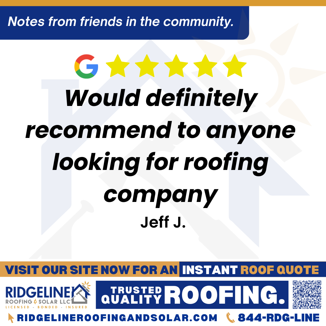 Would definitely recommend to anyone looking for roofing company. – Jeff J. <h3>Customer Review</h3>
<em>We just had a roof put on our house and shop. Justin was very easy to deal with, very professional but down to earth. Explained things very well. The crew was fantastic and did a great job with the installation and did a thorough clean up when finished. Would definitely recommend to anyone looking for roofing company.</em>
- Jeff J.
<h3>From Team Ridgeline:</h3>
<em>Thank you so much for your kind words! We're thrilled to hear that Justin and the crew provided professional service and took care of everything from installation to cleanup. Your recommendation means the world to us, and we’re here anytime you need a reliable roofing company!</em>