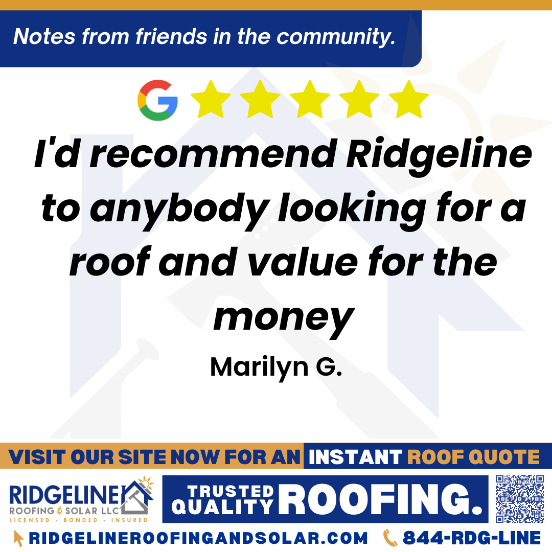 I’d recommend Ridgeline to anybody looking for a roof and value for the money. – Marilyn G. <h3>Customer Review</h3>
<em>Who knew a marble sized hail storm could lead to a beautiful roofing, made out of recycled ♻️ material, that has a 50 (yes I said 50) year warranty on it. The ecoshield is an incredible product that not only added to my property value, it has a transferable warranty and is making my house insurance cheaper. But, the best part was how well Andrew' Anthony put up with me. He had no idea how many times I had received horrific work on my house, been outright lied to, and how many "good ol' boys" had taken my money with no service in return. Andrew spent the time and energy to make certain I understood everything that was happening and what the cost of the job would be. I am not an easy person to get along with anymore because of how I've been treated by the "GOB" system. Andrew didn't give up on me though. Sorry for all the headaches I caused you but I really do appreciate all of your time and energy you poured into this project. I'd recommend Ridgeline to anybody looking for a roof and value for the money. Everything was handled in a professional manner. Thank you Andrew and thank you Ridgeline.</em>
- Marilyn G.
<h3>From Team Ridgeline:</h3>
<em>We're truly honored by your kind words and thrilled that you're happy with your new eco-friendly roof! Andrew and our team at Ridgeline are dedicated to providing exceptional service and transparency, especially after past experiences. Your satisfaction and peace of mind are our top priorities, and we're grateful for the opportunity to earn your trust. Thank you for recommending us, and we're here for you whenever you need us!</em>