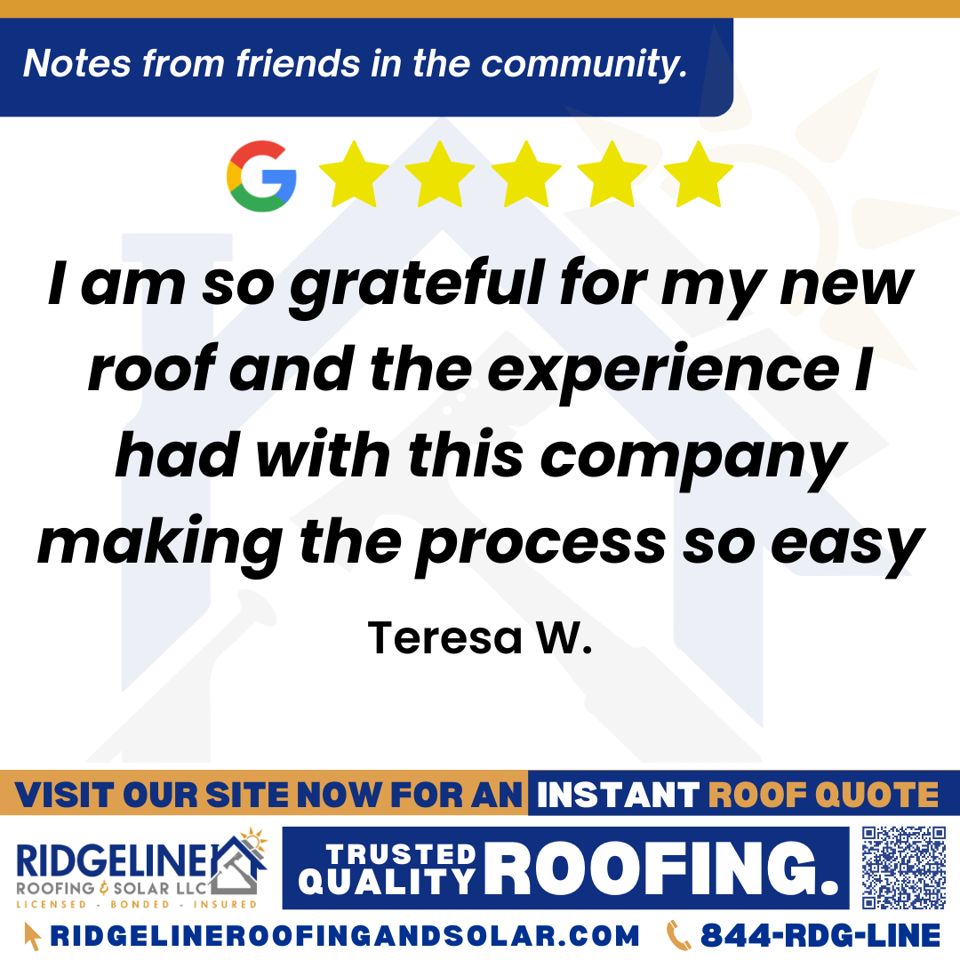 <h3>Customer Review</h3>
<em>I want to give a shout out to the folks at Ridgeline Roofing for a nice job. They came on time from the estimate to the completion of my new roof. I had a complete tear off and decking replaced. There crew were out just as soon as the sun was rising, preparing the yard to prevent debris from getting all over the yard, and cleaned up completely when job was complete. I am so grateful for my new roof and the experience I had with this company making the process so easy, thank you.</em>

- Teresa W.

&nbsp;
<h3>From Team Ridgeline:</h3>
<em>Thank you so much for the wonderful review, Teresa! We are thrilled to hear that you are happy with your new roof and that our crew provided a professional, efficient experience from the initial estimate to the final cleanup. At Ridgeline Roofing and Solar, we take pride in delivering high-quality roofing services and making the process as easy as possible for our customers in Joplin. We appreciate your recommendation!</em>