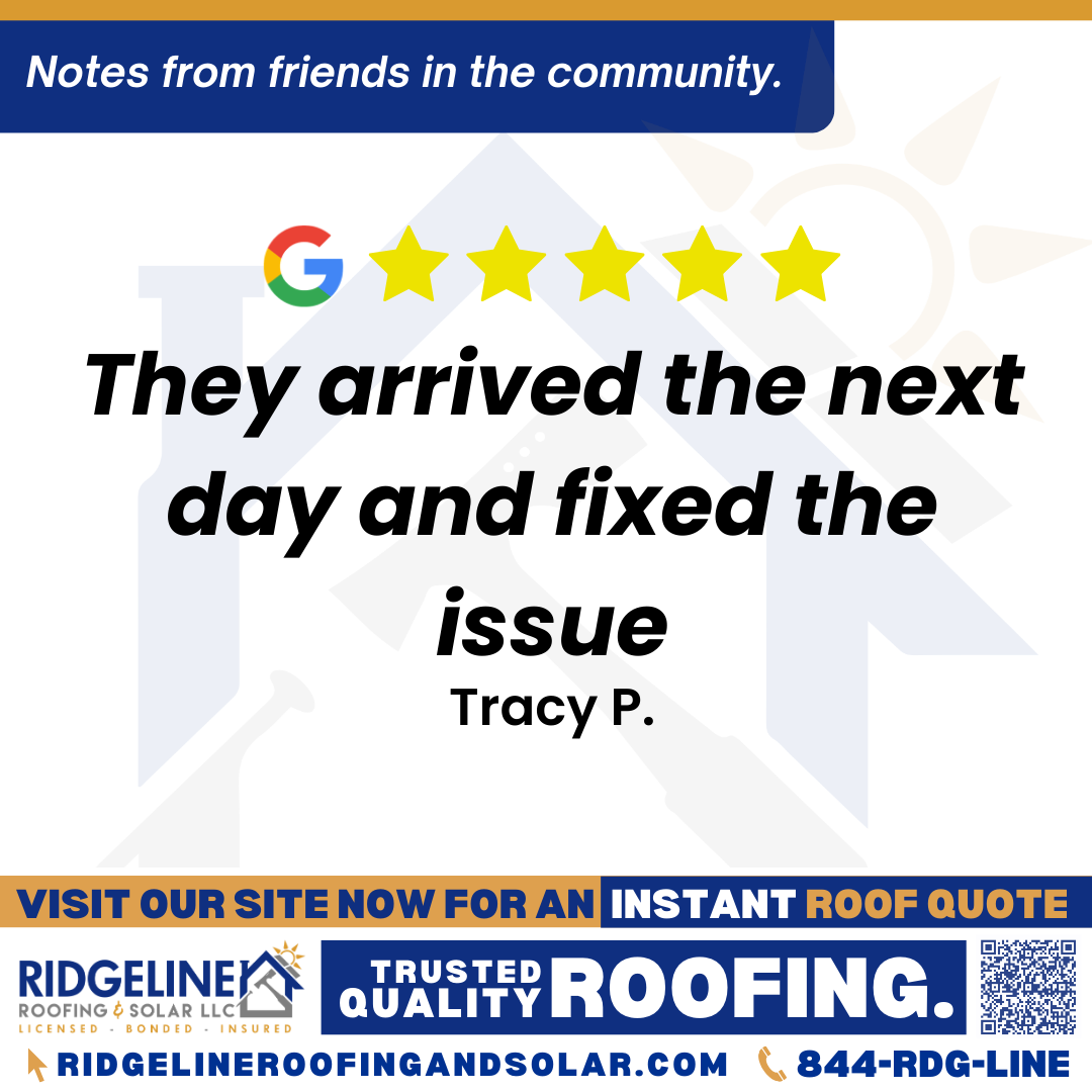 <!-- wp:divi/placeholder -->
<!-- divi:heading {"level":3} -->
<h3 class="wp-block-heading">Customer Review</h3>
<!-- /divi:heading -->

<!-- divi:paragraph -->
<p><em>Very fortunate to have been recommended this company to me. Called to inquire about services to my various leaks in my roof. They arrived the next day and fixed the issue. Enormous amounts of gratitude towards the company and their professionalism.</em></p>
<!-- /divi:paragraph -->

<!-- divi:paragraph -->
<p>- Tracy P.</p>
<!-- /divi:paragraph -->

<!-- divi:paragraph -->
<p>&nbsp;</p>
<!-- /divi:paragraph -->

<!-- divi:heading {"level":3} -->
<h3 class="wp-block-heading">From Team Ridgeline:</h3>
<!-- /divi:heading -->

<!-- divi:paragraph -->
<p><em>It's great to hear we handled your roof repair so quickly! Our team of roofing professionals strives for customer satisfaction and professionalism on every project, ensuring reliable roofing solutions for your home improvement needs.</em></p>
<!-- /divi:paragraph -->
<!-- /wp:divi/placeholder -->