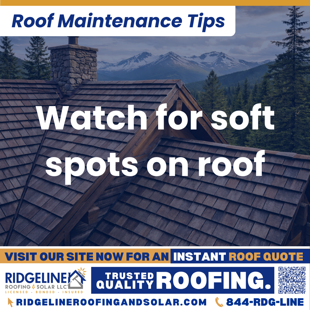 Watch for soft spots on roof Ridgeline Roofing and Solar Roof Maintenance Tip for Homeowners: Watch for soft spots on roof