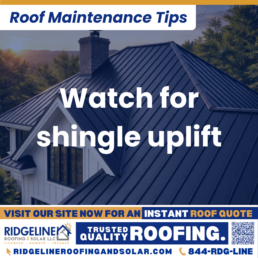 Watch for shingle uplift Ridgeline Roofing and Solar Roof Maintenance Tip for Homeowners: Watch for shingle uplift