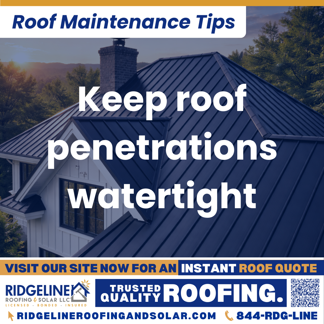 Keep roof penetrations watertight Ridgeline Roofing and Solar Roof Maintenance Tip for Homeowners: Keep roof penetrations watertight
