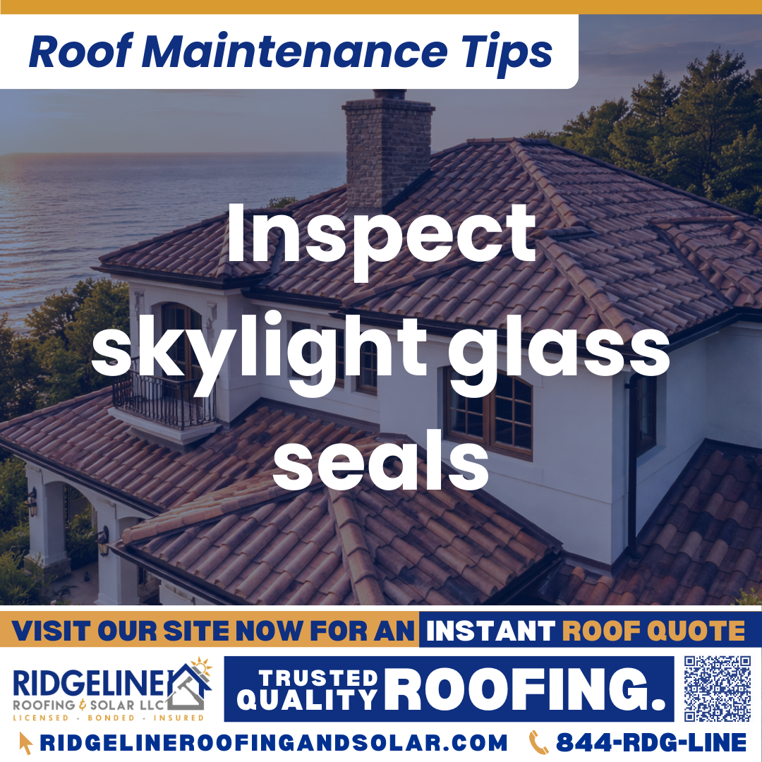 Inspect skylight glass seals Ridgeline Roofing and Solar Roof Maintenance Tip for Homeowners: Inspect skylight glass seals