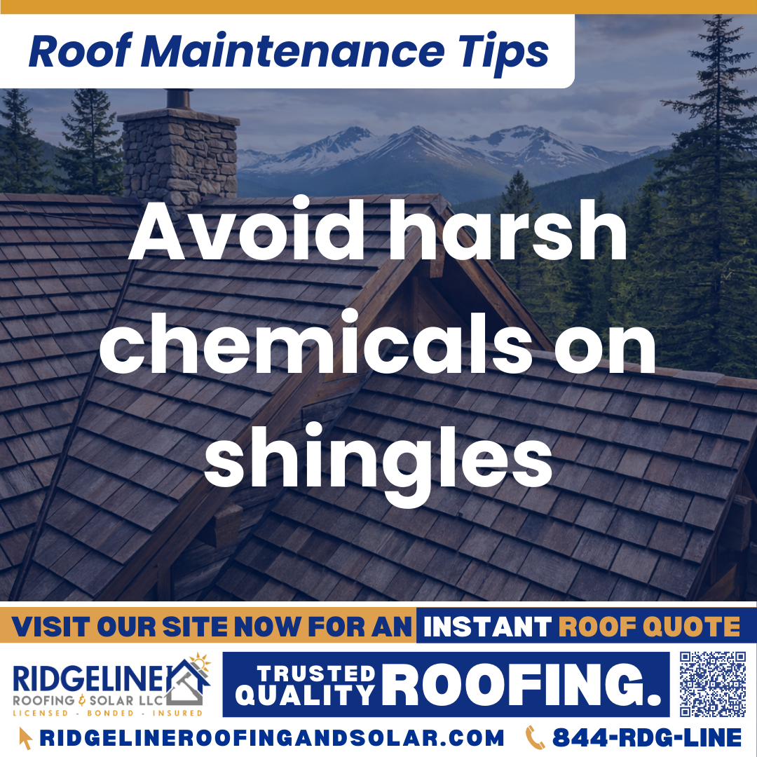 Avoid harsh chemicals on shingles Ridgeline Roofing and Solar Roof Maintenance Tip for Homeowners: Avoid harsh chemicals on shingles