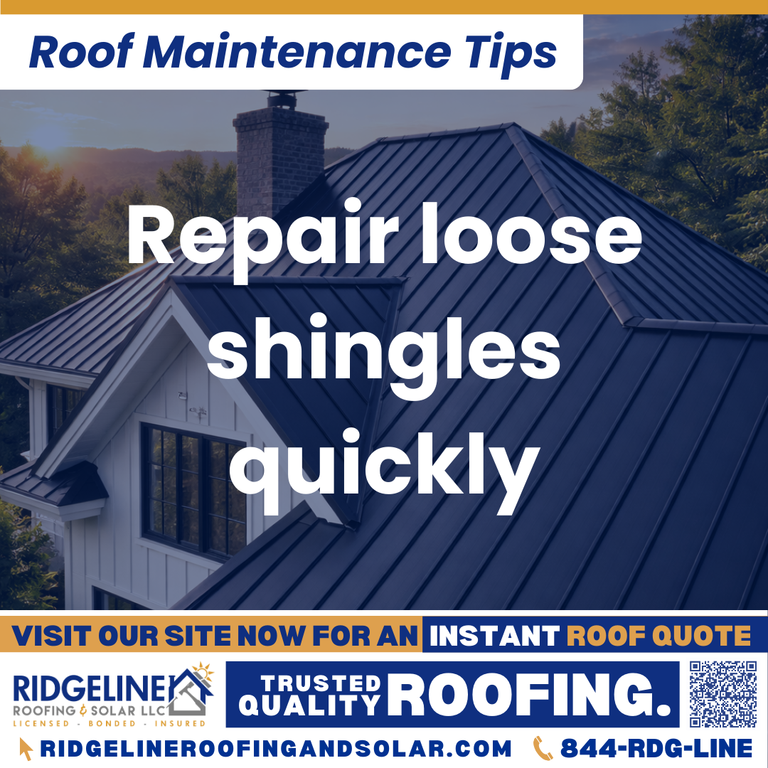 Repair loose shingles quickly Ridgeline Roofing and Solar Roof Maintenance Tip for Homeowners: Repair loose shingles quickly