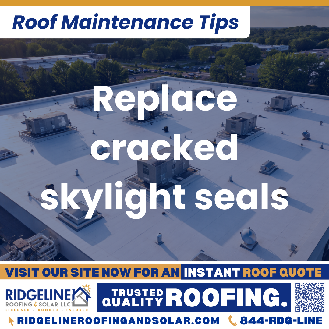 Replace cracked skylight seals Ridgeline Roofing and Solar Roof Maintenance Tip for Homeowners: Replace cracked skylight seals
