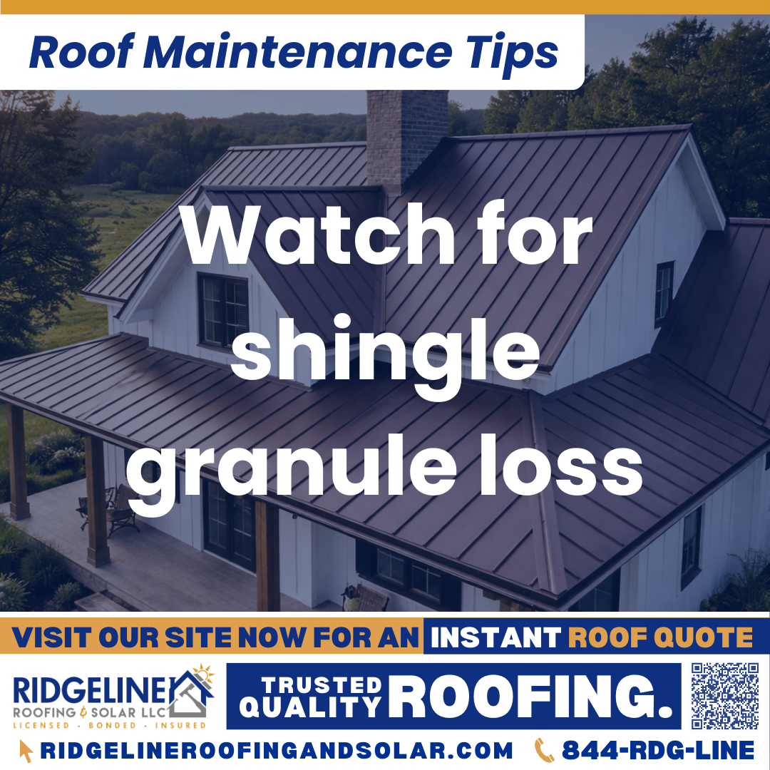 Watch for shingle granule loss Ridgeline Roofing and Solar Roof Maintenance Tip for Homeowners: Watch for shingle granule loss