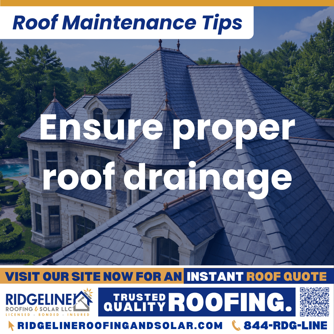 Ensure proper roof drainage Ridgeline Roofing and Solar Roof Maintenance Tip for Homeowners: Ensure proper roof drainage