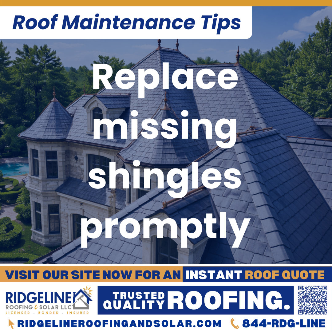 Replace missing shingles promptly Ridgeline Roofing and Solar Roof Maintenance Tip for Homeowners: Replace missing shingles promptly