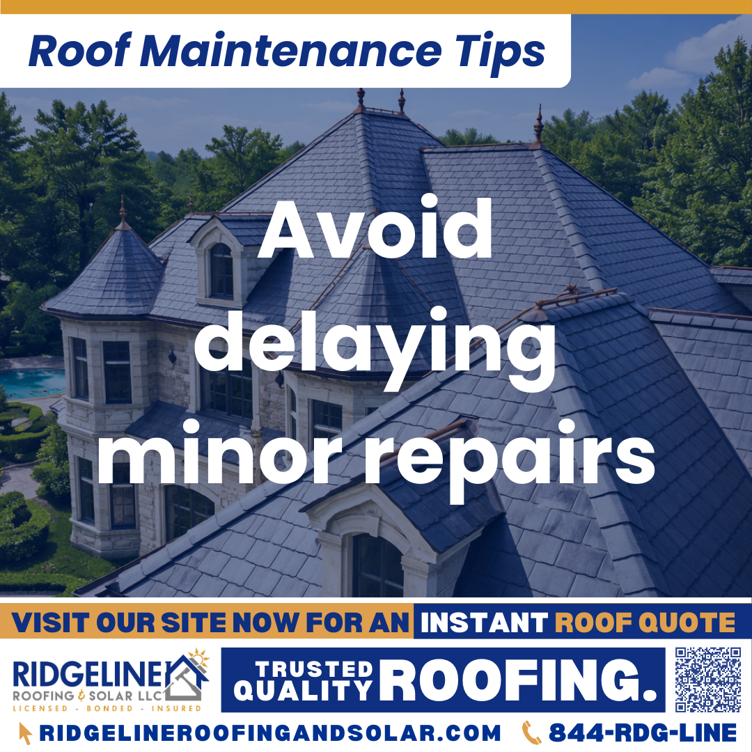 Avoid delaying minor repairs Ridgeline Roofing and Solar Roof Maintenance Tip for Homeowners: Avoid delaying minor repairs