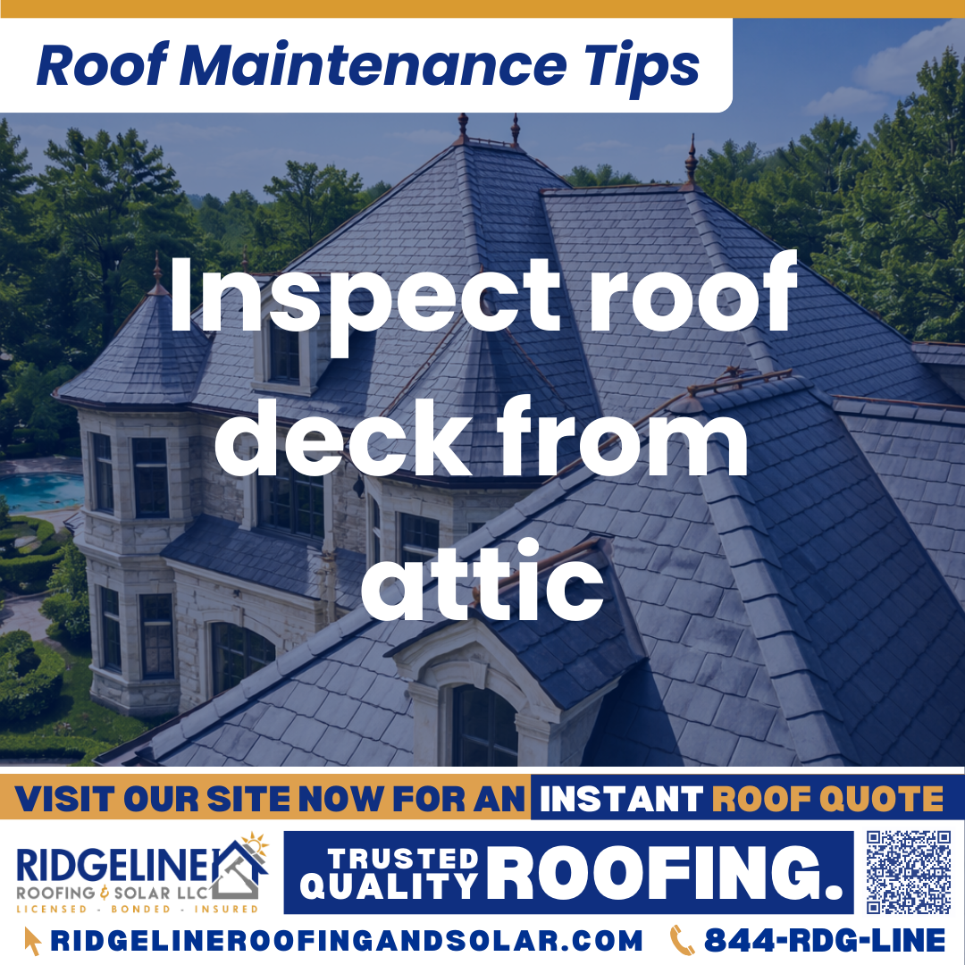 Inspect roof deck from attic Ridgeline Roofing and Solar Roof Maintenance Tip for Homeowners: Inspect roof deck from attic