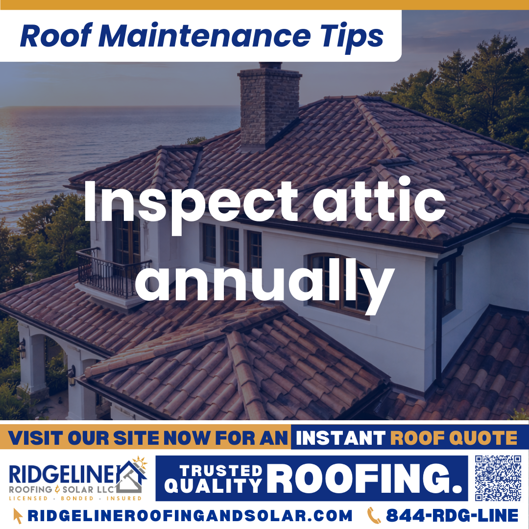 Inspect attic annually Ridgeline Roofing and Solar Roof Maintenance Tip for Homeowners: Inspect attic annually
