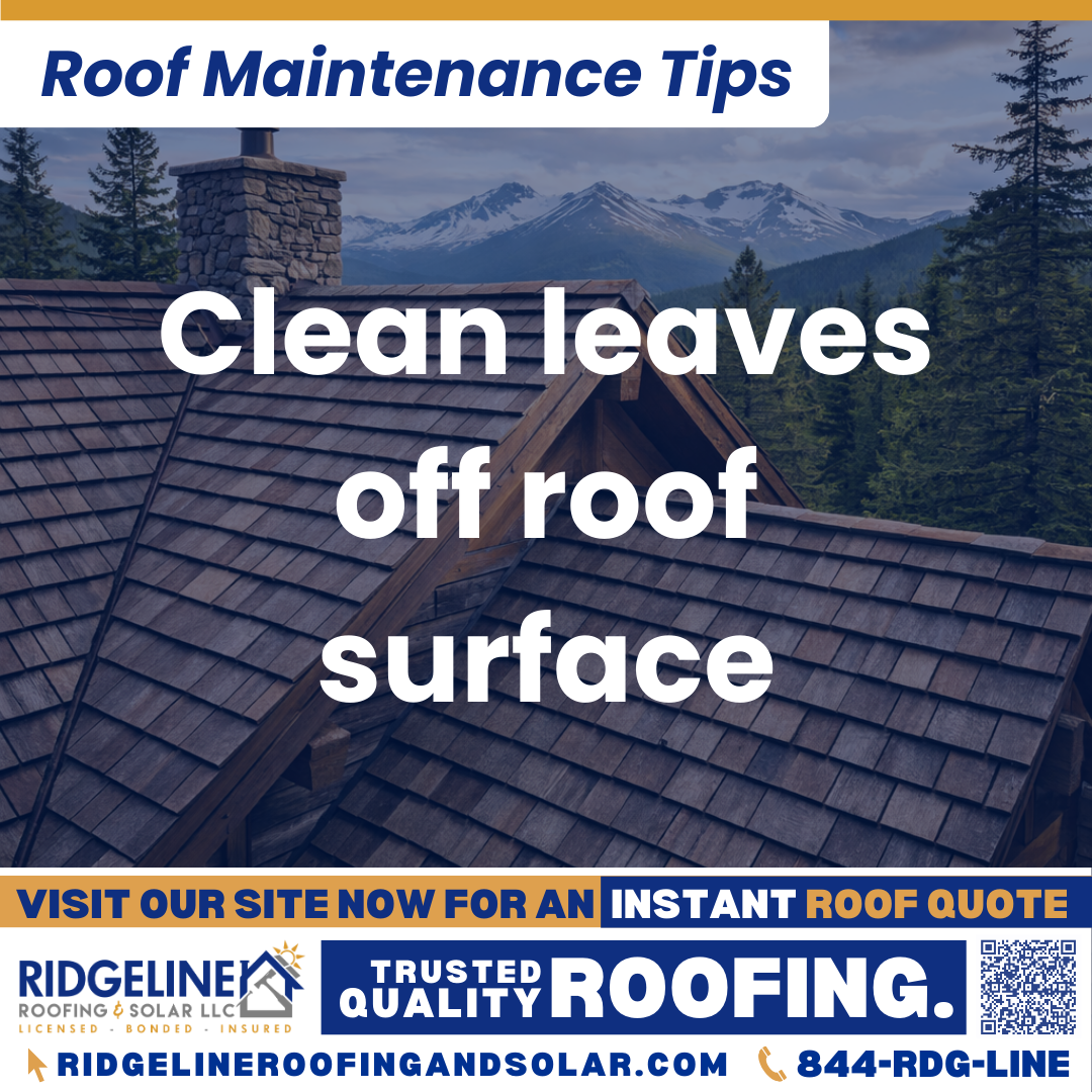 Ridgeline Roofing and Solar Roof Maintenance Tip for Homeowners: Clean leaves off roof surface