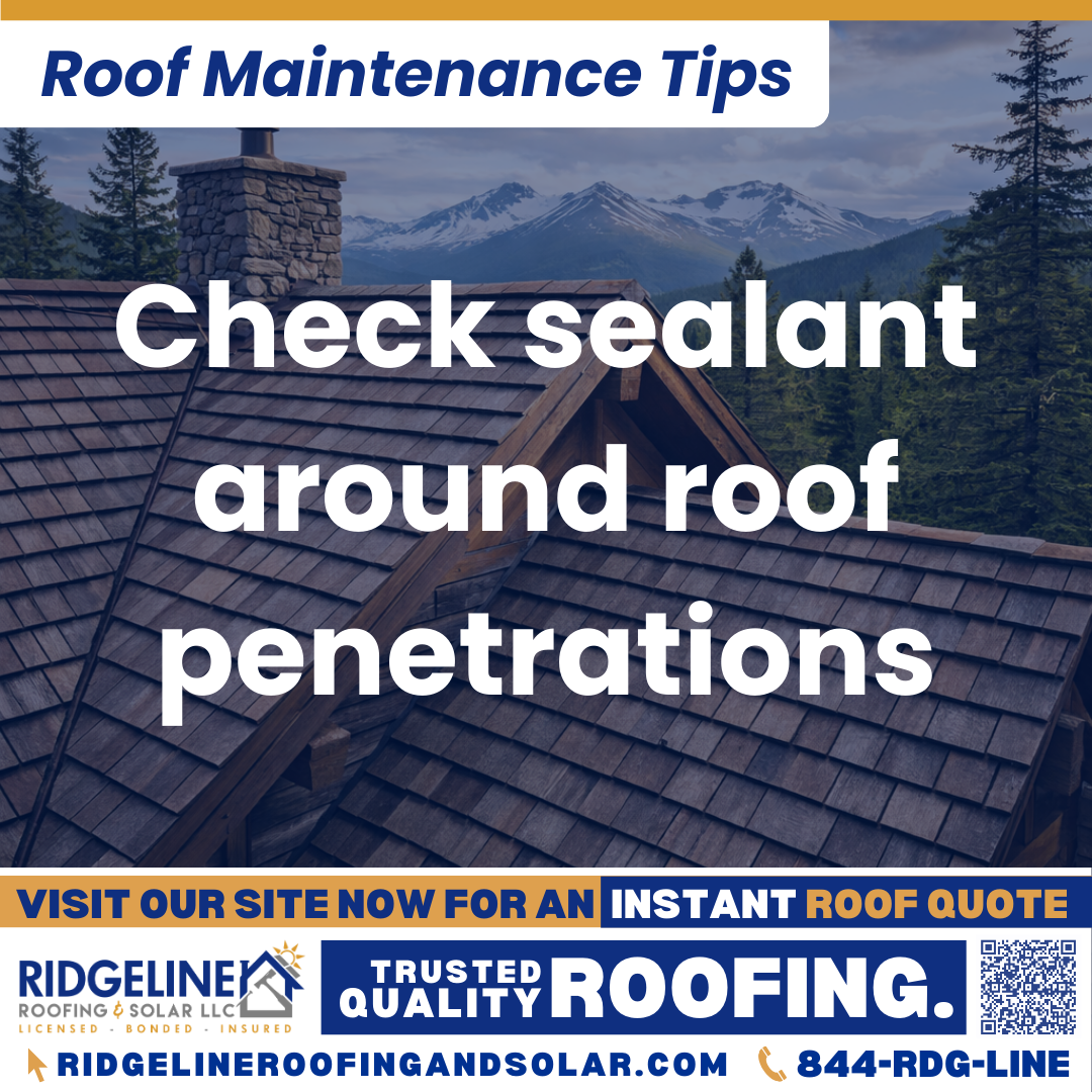 Ridgeline Roofing and Solar Roof Maintenance Tip for Homeowners: Check sealant around roof penetrations