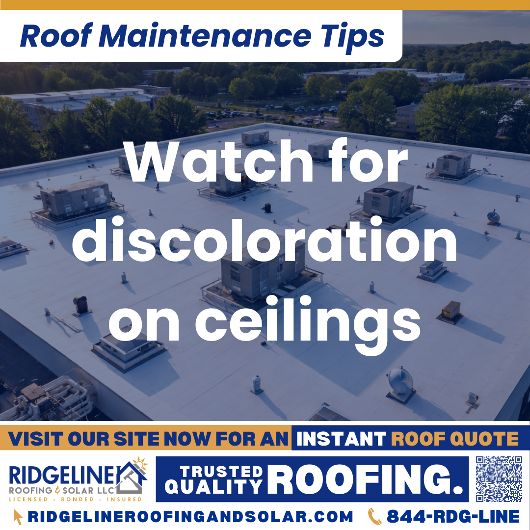 Ridgeline Roofing and Solar Roof Maintenance Tip for Homeowners: Watch for discoloration on ceilings