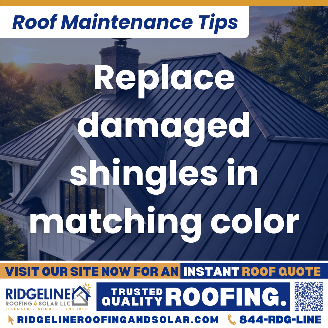 Ridgeline Roofing and Solar Roof Maintenance Tip for Homeowners: Replace damaged shingles in matching color