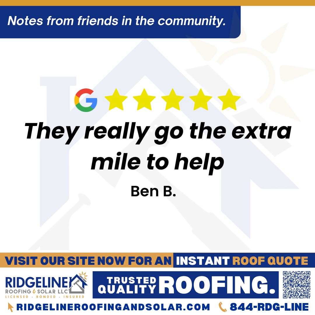 They really go the extra mile to help. – Ben B. <!-- wp:heading {"level":3} -->
<h3 class="wp-block-heading">Customer Review</h3>
<!-- /wp:heading -->
<!-- wp:paragraph -->
<p><em>Jim and team are always great to work with! They really go the extra mile to help.</em></p>
<!-- /wp:paragraph -->
<!-- wp:paragraph -->
<p>- Ben B.</p>
<!-- /wp:paragraph -->
<!-- wp:paragraph -->
<p> </p>
<!-- /wp:paragraph -->
<!-- wp:heading {"level":3} -->
<h3 class="wp-block-heading">From Team Ridgeline:</h3>
<!-- /wp:heading -->
<!-- wp:paragraph -->
<p><em>Thank you so much, Ben! We are thrilled to hear that Jim and our team provided such a great experience and went the extra mile to help with your roofing needs. At Ridgeline Roofing & Solar, we take pride in delivering professional, high-quality service to our customers in Joplin. We truly appreciate your support and your 5-star recommendation!</em></p>
<!-- /wp:paragraph -->