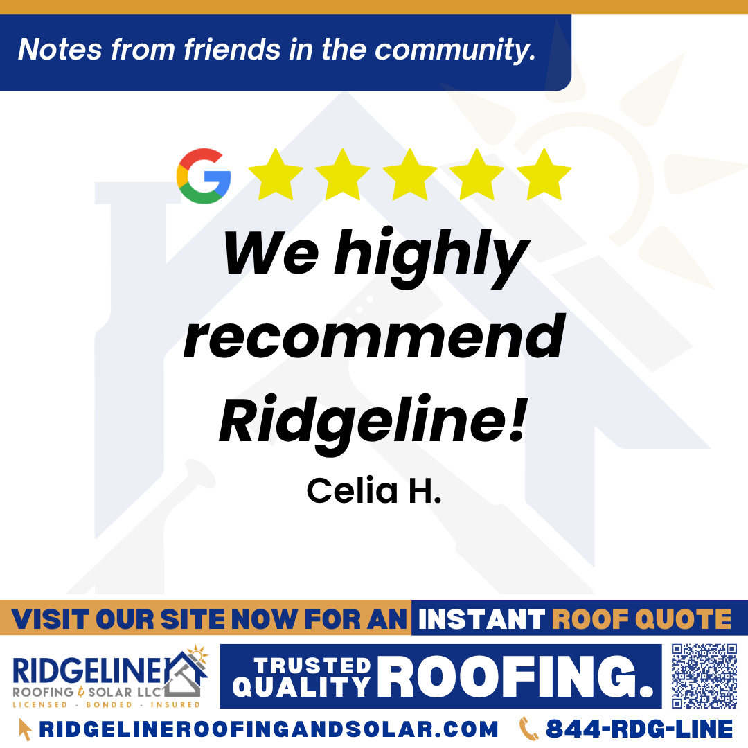 We highly recommend Ridgeline! – Celia H. <h3>Customer Review</h3>
<em>We recently discovered that our roof needed new shingles and minor repair. We called Ridgeline and got very rapid personal response, a rapid quote and within days of signing our contract we had a crew on the job. The crew was fast, efficient and did a fabulous job cleaning up debris and picking up nails! The work they did was very good! Their supervisor Justin made sure the job was being done correctly in a timely manner. We highly recommend Ridgeline! My roof looks great!</em>
- Celia H.
<h3>From Team Ridgeline:</h3>
<em>Thank you so much for your glowing review! We're thrilled to hear that our team provided quick, efficient service and that Justin ensured everything was done to your satisfaction. It's wonderful to know your roof looks great, and we truly appreciate your recommendation of Ridgeline Roofing!</em>