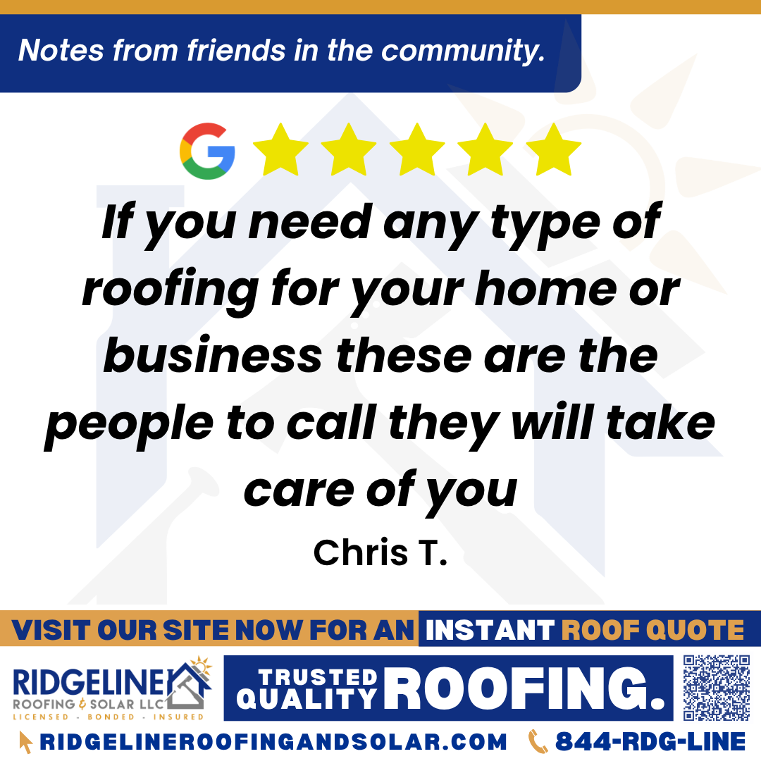 If you need any type of roofing for your home or business these are the people to call they will take care of you. – Chris T. <h3>Customer Review</h3>
<em>Ridgeline has helped with the commercial roof since I have owned my building. Most recently my roof suffered extensive damage and they responded very quickly to temporary my roof back to prevent further damage while dealing with insurance. They went above and beyond in helping through the insurance process and once I had my claim settled my roofs was done a few days later. If you need any type of roofing for your home or business these are the people to call they will take care of you.</em>
- Chris T.
<h3>From Team Ridgeline:</h3>
<em>Thank you so much for the 5-star review, Chris! We are proud to provide expert commercial roofing services and are glad we could respond quickly to secure your building after the storm damage. Helping our clients navigate the insurance process and delivering a fast, quality roof installation is what we strive for at Ridgeline Roofing. We appreciate your recommendation for both residential and commercial roofing needs!</em>