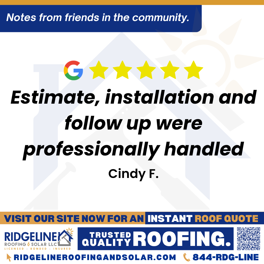 Estimate, installation and follow up were professionally handled. – Cindy F. <h3>Customer Review</h3>
<em>Ridgeline offered high end residential roofing products (Euro Shield) that were not available through other roofing companies. Estimate, installation and follow up were professionally handled. LOVE my roof!</em>
- Cindy F.
<h3>From Team Ridgeline:</h3>
<em>Thank you for your fantastic review! We're thrilled that you love your new roof and are pleased with the Euro Shield products and our professional handling of your project from estimate to follow-up. We appreciate your feedback and are glad we could provide you with a unique solution that met your needs!</em>