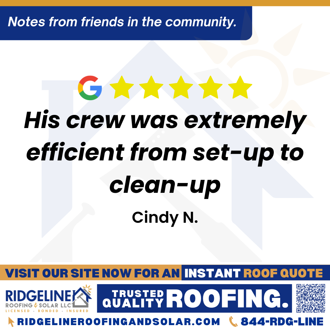 His crew was extremely efficient from set-up to clean-up. – Cindy N. <h3>Customer Review</h3>
<em>Excellent experience. Roy went above and beyond, expertly coordinating our new roof, guttering and solar panels. His crew was extremely efficient from set-up to clean-up. Can not recommend highly enough. Services Gutter repairs, Gutter installation, Roof repair, Roof installation</em>
- Cindy N.
<h3>From Team Ridgeline:</h3>
<em>Thank you, Cindy! We’re thrilled to hear Roy went above and beyond coordinating your roof, guttering, and solar panel project. Our team takes pride in delivering efficient roofing services from start to clean-up, and we truly appreciate your recommendation!</em>