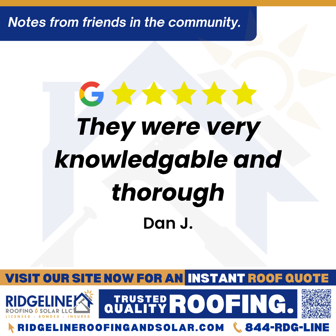 <h3>Customer Review</h3>
<em>Chip and Tim did a wonderful job through the process getting our building's roof system replaced.  They were very knowledgable and thorough.  We highly recommend them for your commercial roofing needs!!!</em>

- Dan J.

&nbsp;
<h3>From Team Ridgeline:</h3>
<em>Thank you for the high recommendation, Dan! We are glad Chip and Tim provided knowledgeable and thorough service for your building's commercial roof system replacement. We appreciate your support of Ridgeline Roofing and Solar!</em>
