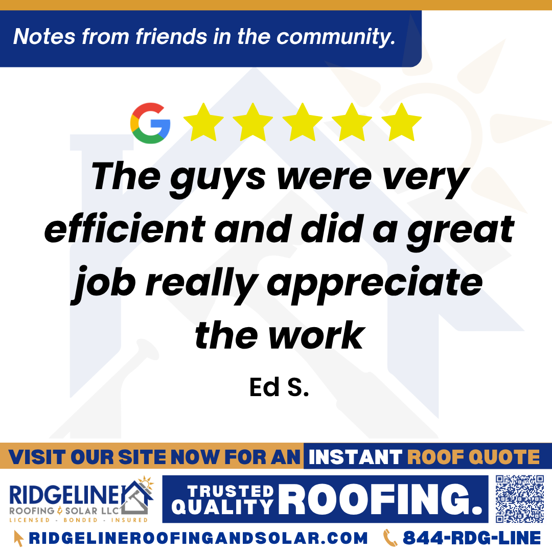The guys were very efficient and did a great job really appreciate the work. – Ed S. <h3>Customer Review</h3>
<em>The guys were very efficient and did a great job really appreciate the work</em>
- Ed S.
<h3>From Team Ridgeline:</h3>
<em>Thank you, Ed! We are glad to hear our roofing team was efficient and delivered a great job. At Ridgeline Roofing and Solar, we take pride in providing top-quality roofing services and appreciate your support for our local Joplin business!</em>