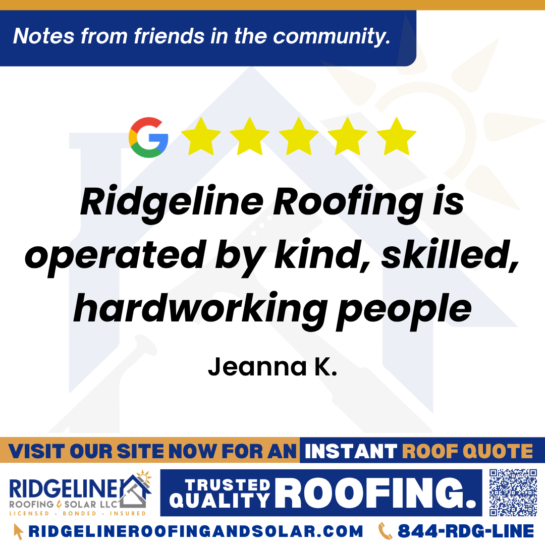 Ridgeline Roofing is operated by kind, skilled, hardworking people. – Jeanna K. <h3>Customer Review</h3>
<em>Tim and his crew quickly took care of a skylight need after a bad storm. Ridgeline Roofing is operated by kind, skilled, hardworking people. I highly recommend this business!</em>
- Jeanna K.
<h3>From Team Ridgeline:</h3>
<em>Thank you for your kind words! We’re so glad Tim and the team could promptly take care of your skylight needs after the storm. Your recommendation means a lot to us, and we’re always here to help with any future needs!</em>