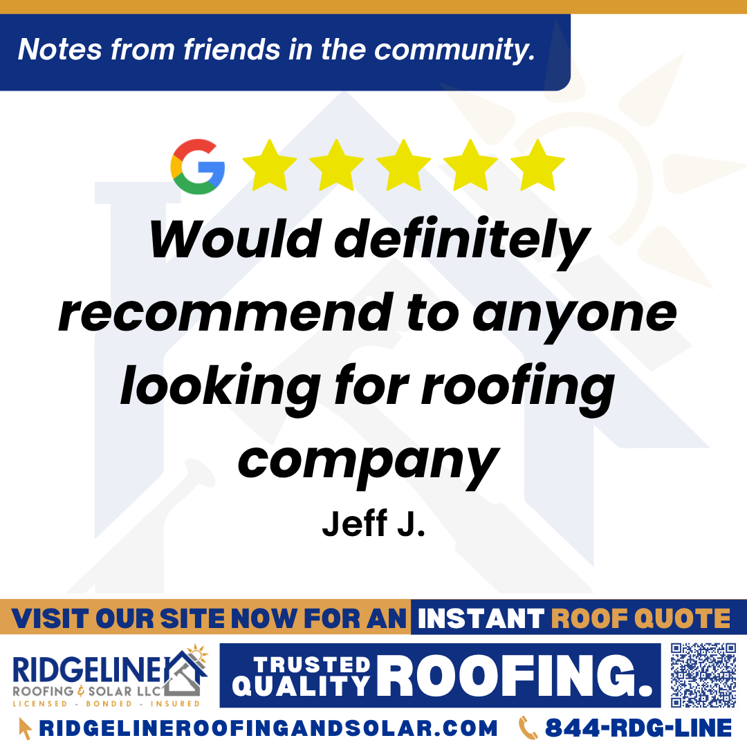 Would definitely recommend to anyone looking for roofing company. – Jeff J. <h3>Customer Review</h3>
<em>We just had a roof put on our house and shop. Justin was very easy to deal with, very professional but down to earth. Explained things very well. The crew was fantastic and did a great job with the installation and did a thorough clean up when finished. Would definitely recommend to anyone looking for roofing company.</em>
- Jeff J.
<h3>From Team Ridgeline:</h3>
<em>Thank you so much for your kind words! We're thrilled to hear that Justin and the crew provided professional service and took care of everything from installation to cleanup. Your recommendation means the world to us, and we’re here anytime you need a reliable roofing company!</em>