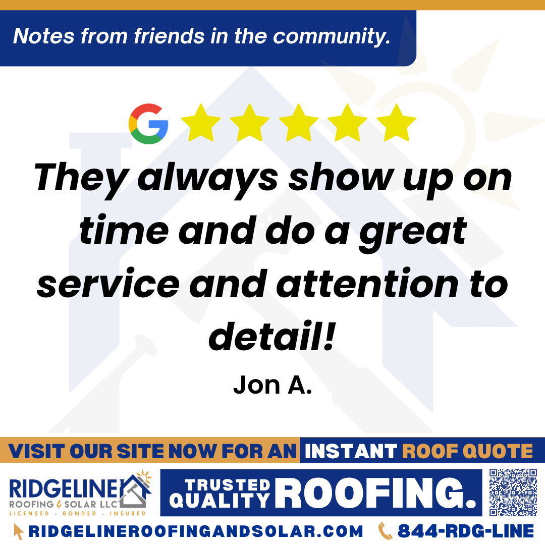 They always show up on time and do a great service and attention to detail! – Jon A. <h3>Customer Review</h3>
<em>Tim and his team has done several spray coatings for my company. They always show up on time and do a great service and attention to detail!</em>
- Jon A.
<h3>From Team Ridgeline:</h3>
<em>We appreciate you trusting our team for your commercial roofing needs! Punctuality and attention to detail are key to our quality craftsmanship. For reliable roofing and outstanding customer service, we’re the trusted local roofers serving Joplin, Bentonville, and Grove.</em>