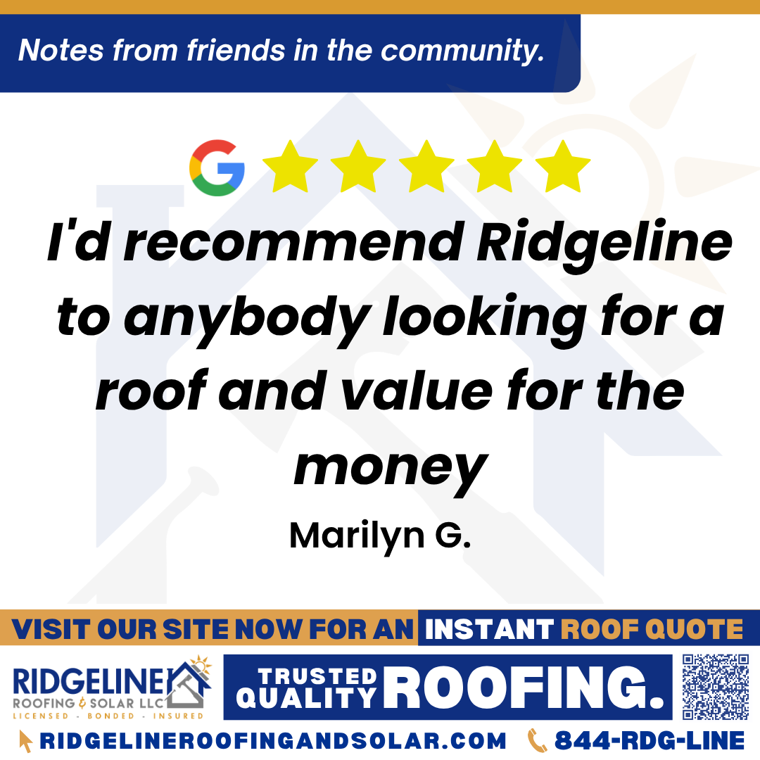 I’d recommend Ridgeline to anybody looking for a roof and value for the money. – Marilyn G. <h3>Customer Review</h3>
<em>Who knew a marble sized hail storm could lead to a beautiful roofing, made out of recycled ♻️ material, that has a 50 (yes I said 50) year warranty on it. The ecoshield is an incredible product that not only added to my property value, it has a transferable warranty and is making my house insurance cheaper. But, the best part was how well Andrew' Anthony put up with me. He had no idea how many times I had received horrific work on my house, been outright lied to, and how many "good ol' boys" had taken my money with no service in return. Andrew spent the time and energy to make certain I understood everything that was happening and what the cost of the job would be. I am not an easy person to get along with anymore because of how I've been treated by the "GOB" system. Andrew didn't give up on me though. Sorry for all the headaches I caused you but I really do appreciate all of your time and energy you poured into this project. I'd recommend Ridgeline to anybody looking for a roof and value for the money. Everything was handled in a professional manner. Thank you Andrew and thank you Ridgeline.</em>
- Marilyn G.
<h3>From Team Ridgeline:</h3>
<em>We're truly honored by your kind words and thrilled that you're happy with your new eco-friendly roof! Andrew and our team at Ridgeline are dedicated to providing exceptional service and transparency, especially after past experiences. Your satisfaction and peace of mind are our top priorities, and we're grateful for the opportunity to earn your trust. Thank you for recommending us, and we're here for you whenever you need us!</em>