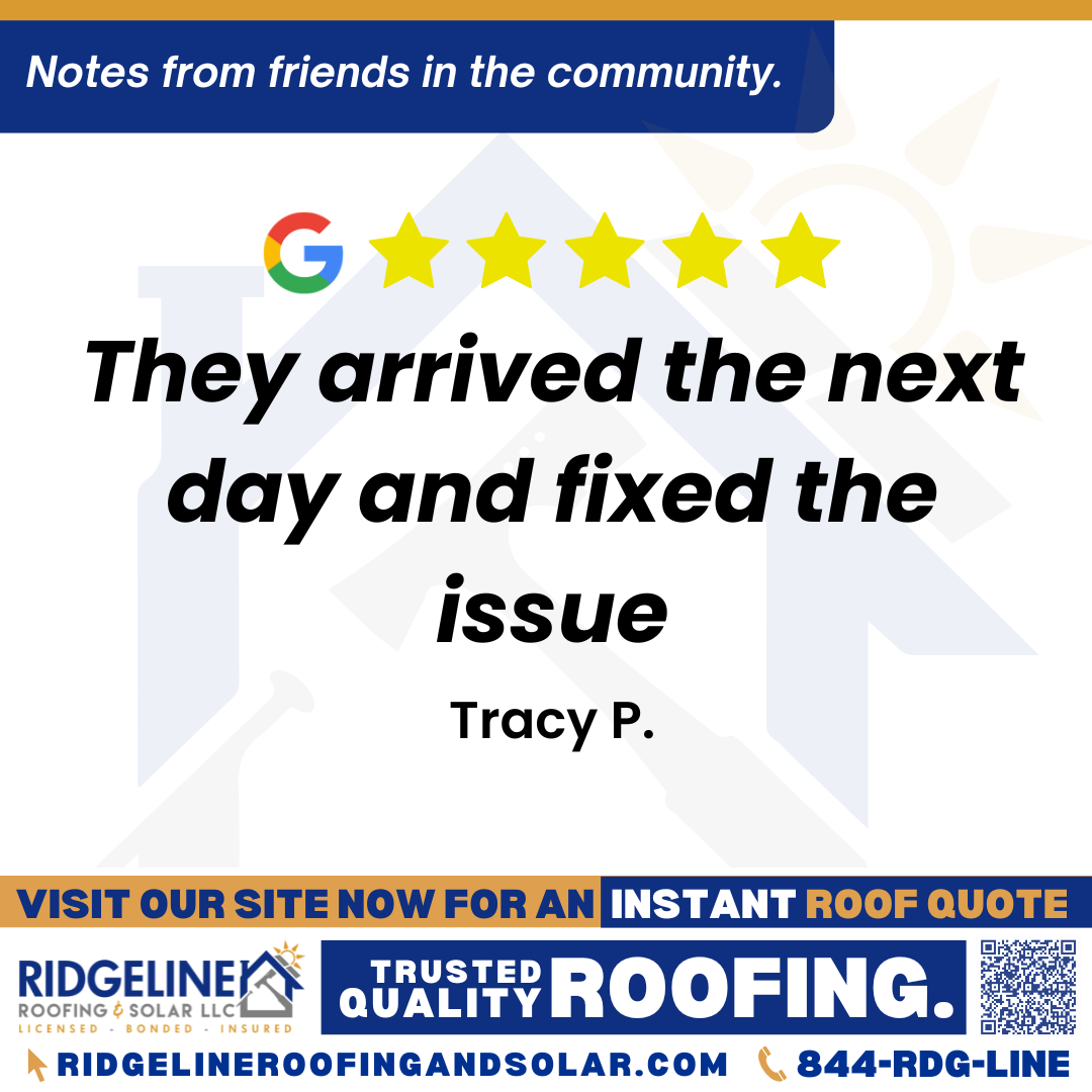 <h3>Customer Review</h3>
<em>Very fortunate to have been recommended this company to me. Called to inquire about services to my various leaks in my roof. They arrived the next day and fixed the issue. Enormous amounts of gratitude towards the company and their professionalism.</em>

- Tracy P.

&nbsp;
<h3>From Team Ridgeline:</h3>
<em>It's great to hear we handled your roof repair so quickly! Our team of roofing professionals strives for customer satisfaction and professionalism on every project, ensuring reliable roofing solutions for your home improvement needs.</em>